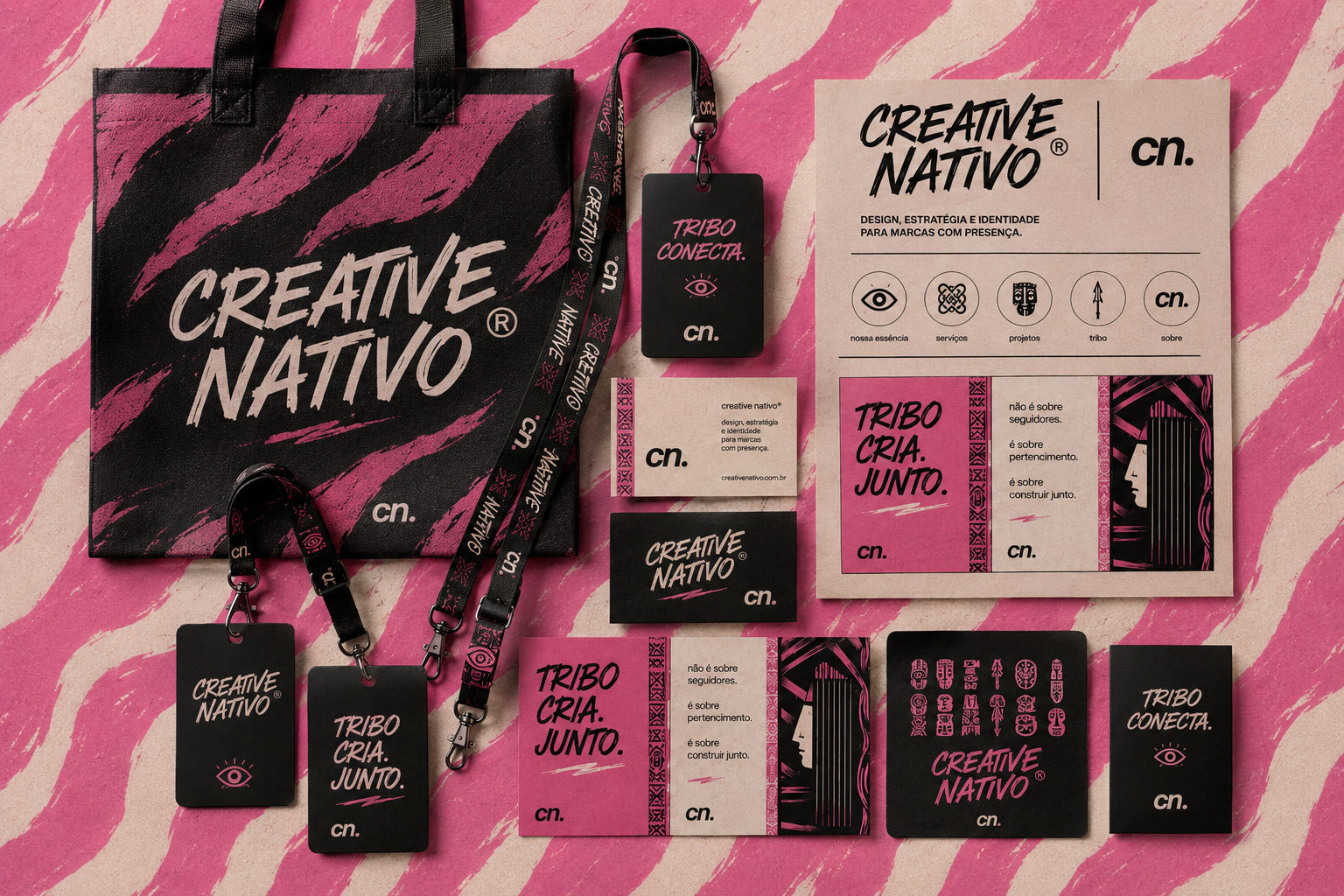 Mockup da Creative Nativo com sacola, cartões e crachás