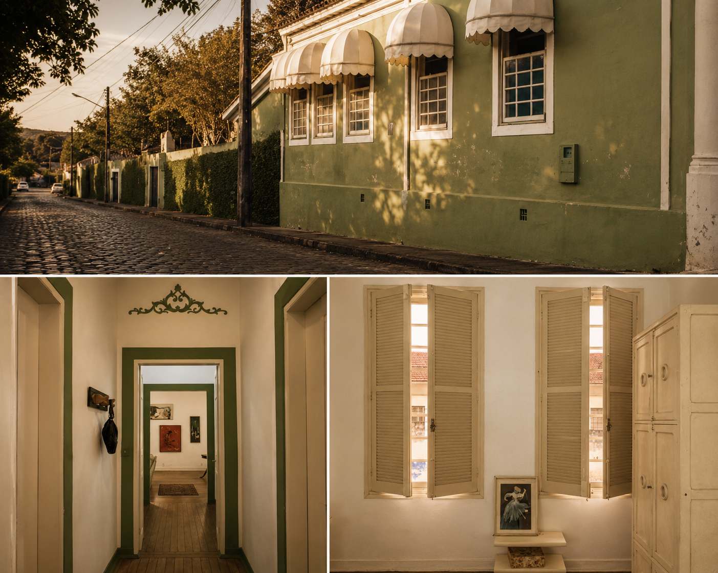 Colagem editorial de interiores e fachada colonial